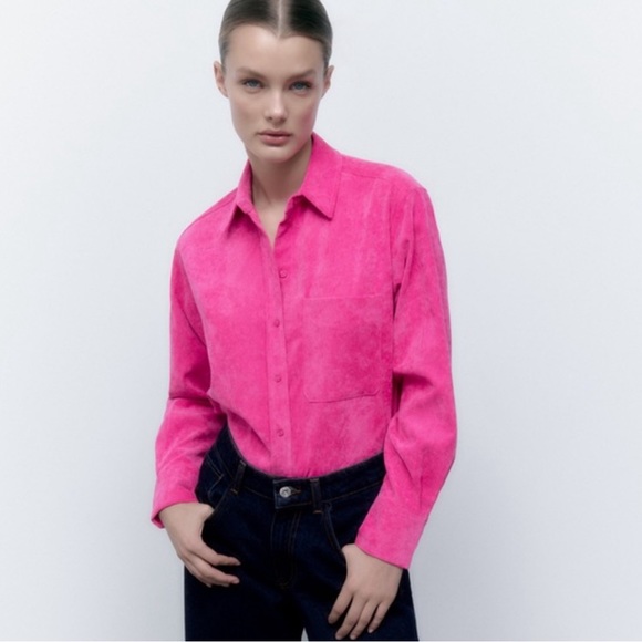 Zara Tops - XS Zara Bright Pink Corduroy Button up shirt with collar and long sleeves